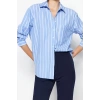 Fashion Women Shirt Collar Striped Pattern Casual Striped Pocket Oversize Wide Pattern Woven Shirt