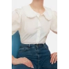 Fashion Womens Baby Collar Plain Pattern Casual Baby Collar Woven Shirt