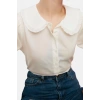Fashion Womens Baby Collar Plain Pattern Casual Baby Collar Woven Shirt