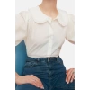 Fashion Womens Baby Collar Plain Pattern Casual Baby Collar Woven Shirt