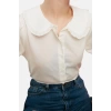 Fashion Womens Baby Collar Plain Pattern Casual Baby Collar Woven Shirt