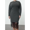 Moda Stil Relaxed Bisiklet Yaka Midi Boy Büyük Beden Etek Ucu Dantelli Triko Elbise