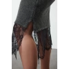 Moda Stil Relaxed Bisiklet Yaka Midi Boy Büyük Beden Etek Ucu Dantelli Triko Elbise