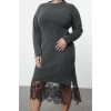 Moda Stil Relaxed Bisiklet Yaka Midi Boy Büyük Beden Etek Ucu Dantelli Triko Elbise