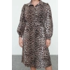 Moda Relaxed Shirt Collar Midi Length Plus Size Leopard Patterned Elastic Waist Gabardine Woven Dress