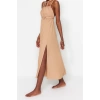 Fashion Style Regular Crew Neck Maxi Length Belted Woven Tie 100% Cotton Beach Dress