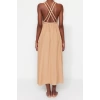 Fashion Style Regular Crew Neck Maxi Length Belted Woven Tie 100% Cotton Beach Dress