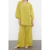Style Women Modern Fashion Normal Waist Straight Leg Judge Collar Green Woven 100% Cotton Blouse Trousers Set