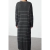 Moda Stil Relaxed Bisiklet Yaka Maxi Boy Tesettür Antrasit Çizgili Uzun Triko Elbise