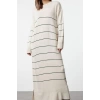 Moda Stil Relaxed Bisiklet Yaka Maxi Boy Tesettür Antrasit Çizgili Uzun Triko Elbise