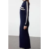 Fashion Style Relaxed Stand Collar Maxi Length Hijab Color Block Ribbed Knitted Sweater Dress