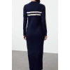 Fashion Style Relaxed Stand Collar Maxi Length Hijab Color Block Ribbed Knitted Sweater Dress