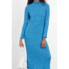 Fashion Style Fitted Stand Collar Midi Length Hijab Denim Washed Hair Knitted Sweater Dress