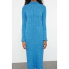 Fashion Style Fitted Stand Collar Midi Length Hijab Denim Washed Hair Knitted Sweater Dress