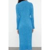 Fashion Style Fitted Stand Collar Midi Length Hijab Denim Washed Hair Knitted Sweater Dress