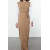Moda Regular Maxi Hijab Beige Sleeves Woven Piece Detailed Waist Tied Knitwear Dress