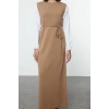 Moda Regular Maxi Hijab Beige Sleeves Woven Piece Detailed Waist Tied Knitwear Dress