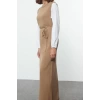 Moda Regular Maxi Hijab Beige Sleeves Woven Piece Detailed Waist Tied Knitwear Dress