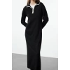 Fashion Style Fitted Polo Collar Maxi Length Hijab Ecru Piping Zippered Knitwear Dress