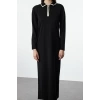 Fashion Style Fitted Polo Collar Maxi Length Hijab Ecru Piping Zippered Knitwear Dress