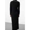 Fashion Style Fitted Polo Collar Maxi Length Hijab Ecru Piping Zippered Knitwear Dress