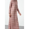 Fashion Style Relaxed Stand Collar Maxi Length Hijab Striped Knit Dress