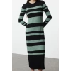 Fashion Style Fitted Crew Neck Maxi Length Hijab Black Color Block Ribbed Knitted Sweater Dress