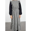 Fashion Style Regular Stand Collar Long Hijab Sleeves Poplin Detailed Woven Tweed Dress