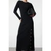 Moda Stil Fitted Bisiklet Yaka Maxi Boy Tesettür Düğme Detaylı Fitilli Örme Elbise