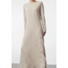 Moda Stil Fitted Bisiklet Yaka Maxi Boy Tesettür Düğme Detaylı Fitilli Örme Elbise