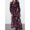 Fashion Style Regular Crew Neck Long Hijab Floral Patterned Ruffle Woven Dress