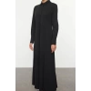 Fashion Style Fitted Shirt Collar Long Hijab Skirt Flounce Button Detailed Knitted Dress