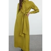Fashion Style Regular Shirt Collar Long Hijab Waist Tied Woven Aerobin Dress