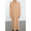 Fashion Style Oversize Stand Collar Long Hijab Front Snap Pocket Detailed Knitted Dress