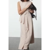 Fashion Style Fitted Crew Neck Long Hijab Belted Front Detailed Sleeveless Woven Vest Dress