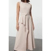 Fashion Style Fitted Crew Neck Long Hijab Belted Front Detailed Sleeveless Woven Vest Dress
