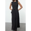 Fashion Style Fitted Crew Neck Long Hijab Belted Front Detailed Sleeveless Woven Vest Dress
