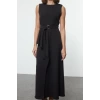 Fashion Style Fitted Crew Neck Long Hijab Belted Front Detailed Sleeveless Woven Vest Dress