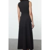 Fashion Style Fitted Crew Neck Long Hijab Belted Front Detailed Sleeveless Woven Vest Dress