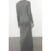 Fashion Style Fitted Crew Neck Maxi Length Hijab Gray Button Detailed Knit Dress
