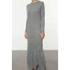 Fashion Style Fitted Crew Neck Maxi Length Hijab Gray Button Detailed Knit Dress