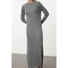 Fashion Style Fitted Crew Neck Maxi Length Hijab Gray Button Detailed Knit Dress