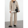 Style Women Modern Fashion Normal Waist Wide Leg V Neck Color Block Knitwear Cardigan Trousers Top-Bottom Set