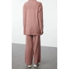 Style Women Modern Fashion Normal Waist Wide Leg Stand Collar Ribbed Knit Basic Knitwear Bottom-Top Set