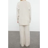 Style Women Modern Fashion Normal Waist Straight Leg Crew Neck Beige Stone Piping Knitwear Bottom-Top Set