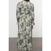 Moda Stil Regular Bisiklet Yaka Maxi Boy Tesettür Çiçek Baskılı Beden Gipeli Dokuma Elbise