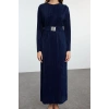 Fashion Style Regular Crew Neck Maxi Length Hijab Pleated Belt Detailed Knitted Dress