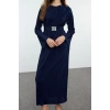 Fashion Style Regular Crew Neck Maxi Length Hijab Pleated Belt Detailed Knitted Dress