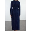 Fashion Style Regular Crew Neck Maxi Length Hijab Pleated Belt Detailed Knitted Dress