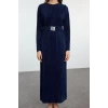 Fashion Style Regular Crew Neck Maxi Length Hijab Pleated Belt Detailed Knitted Dress